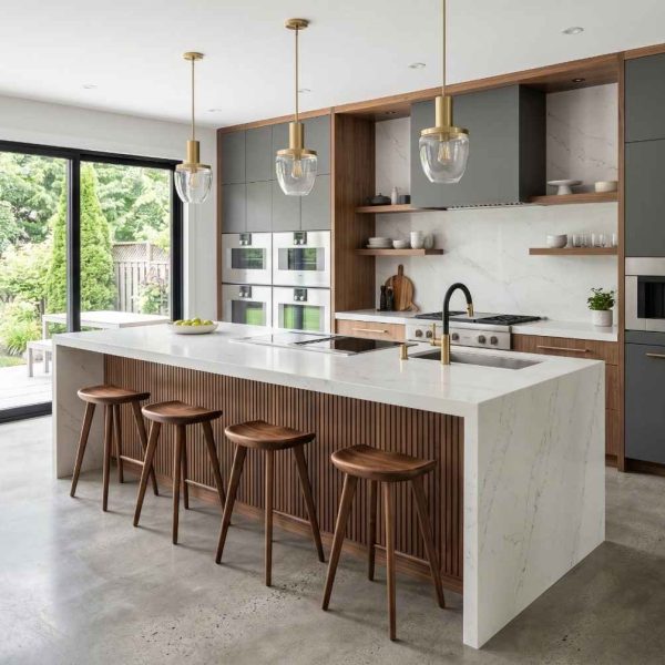 Modern luxury kitchen with quartz waterfall island, custom wood and matte black cabinetry, integrated appliances, and designer pendant lighting. Contemporary kitchen design featuring open shelving, premium finishes, large sliding glass doors, and seamless indoor-outdoor living in a high-end residential home.