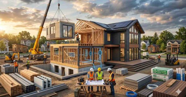 Modern sustainable home under construction featuring modular assembly, solar panels, and energy efficient materials A crane lifts prefab housing sections while workers review blueprints and install framing, insulation, and utility systems Contemporary architecture combines exposed structural framing with finished exterior elements in a growing suburban neighborhood focused on eco friendly residential development and innovation