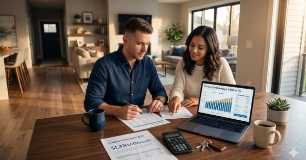 Couple reviewing mortgage documents and financial calculations at a dining table in a modern home. A laptop displays loan payment charts while paperwork, keys, and a calculator highlight the homebuying and budgeting process.