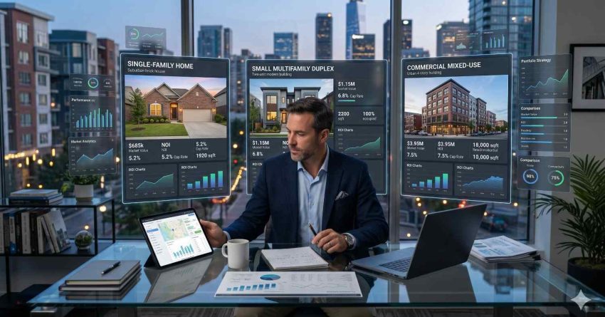 A real estate investor analyzes digital dashboards displaying single-family, multifamily, and commercial property data in a modern office overlooking a city skyline. Financial charts, ROI metrics, and market analytics highlight property investment and portfolio strategy planning.