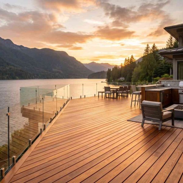 Luxury waterfront deck with glass railings, outdoor kitchen, and lounge seating overlooking a mountain lake at sunset. Premium hardwood decking attached to a modern lakeside home showcases custom deck installation, outdoor entertaining, waterfront living, and high-end residential outdoor design with panoramic water views.