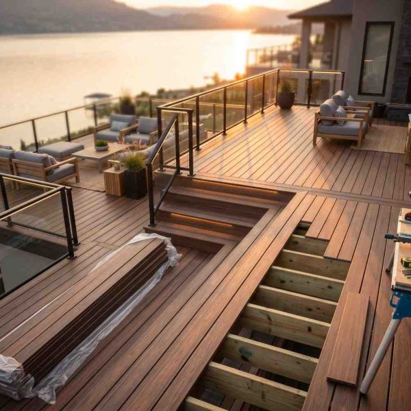 Luxury waterfront deck installation in progress with composite decking, glass railings, and contractor tools overlooking a lake at sunset. Custom outdoor living space features premium deck construction, structural framing, residential renovation, outdoor entertaining areas, and high-end craftsmanship for modern waterfront homes.