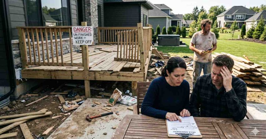 Two homeowners review deck agreement paperwork at an outdoor table beside a partially built wooden deck marked with a warning sign, while construction materials and a contractor are visible in the backyard renovation area.