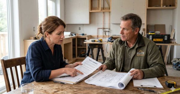 A homeowner reviews a project agreement and floor plans with a contractor at a kitchen renovation site. They sit at a wooden table surrounded by unfinished cabinets, tools, and construction materials while discussing remodeling details.