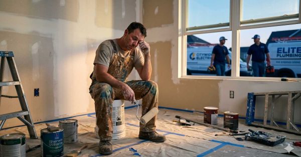 Tired painter sits on a bucket inside a partially renovated room, holding a paint roller while workers arrive outside. Paint cans, ladders, and protective floor covering surround him, conveying exhaustion and stress during a demanding home renovation or construction project.