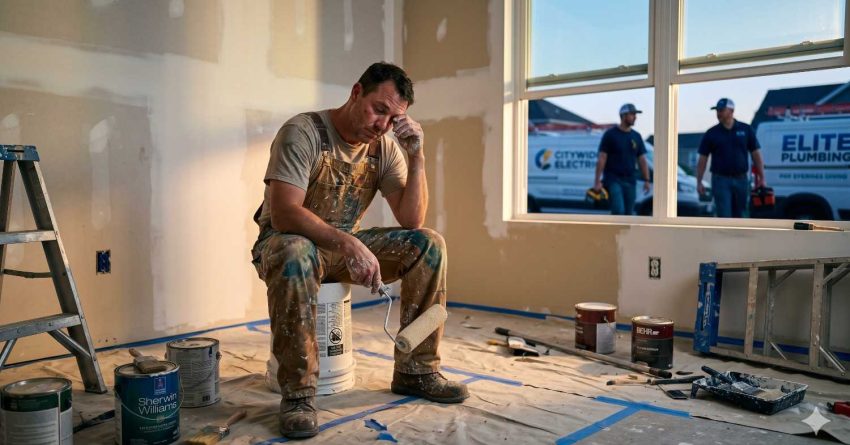 Tired painter sits on a bucket inside a partially renovated room, holding a paint roller while workers arrive outside. Paint cans, ladders, and protective floor covering surround him, conveying exhaustion and stress during a demanding home renovation or construction project.