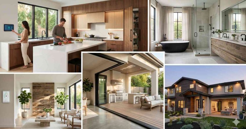 Collage showcasing modern residential design features, including a contemporary kitchen, luxury bathroom, outdoor patio, smart home controls, stylish living room, and illuminated exterior of a two-story house. Clean lines, natural materials, large windows, and minimalist decor emphasize comfort, technology, and upscale suburban living in a thoughtfully designed modern home.