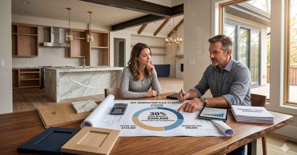 Homeowners reviewing renovation plans and budget strategy with a contractor in a modern home interior. Blueprints, material samples, and a renovation cost chart are displayed on the table, highlighting home remodeling planning, budgeting, and property value improvement.