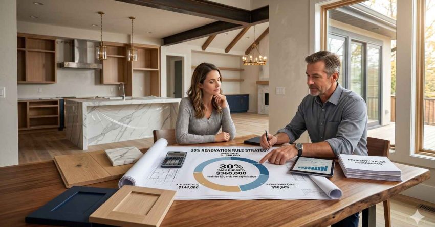 Homeowners reviewing renovation plans and budget strategy with a contractor in a modern home interior. Blueprints, material samples, and a renovation cost chart are displayed on the table, highlighting home remodeling planning, budgeting, and property value improvement.