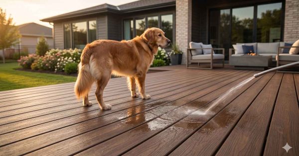 Golden retriever standing on a modern backyard deck while water sprays across the wooden surface during cleaning. Outdoor patio furniture and landscaped yard appear in the background at sunset, creating a warm residential outdoor scene.