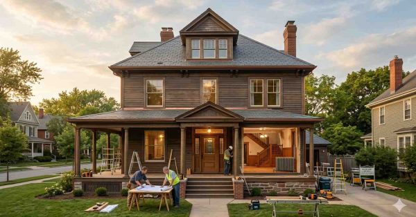Large traditional two-story home undergoing renovation in a suburban neighborhood during sunset. Construction workers review blueprints and complete interior and exterior remodeling tasks around the covered front porch. Ladders, tools, and worktables surround the property, while the partially open facade reveals upgraded interior spaces and active residential construction progress.