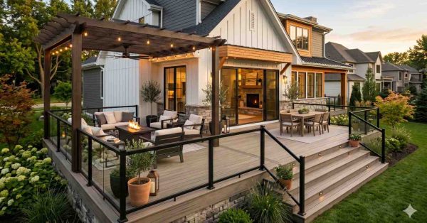 Modern backyard deck with pergola, outdoor lounge seating, dining area, fire table, and glass railing attached to a luxury suburban home. Multi-level patio design features landscaping, built-in lighting, and warm evening ambiance.