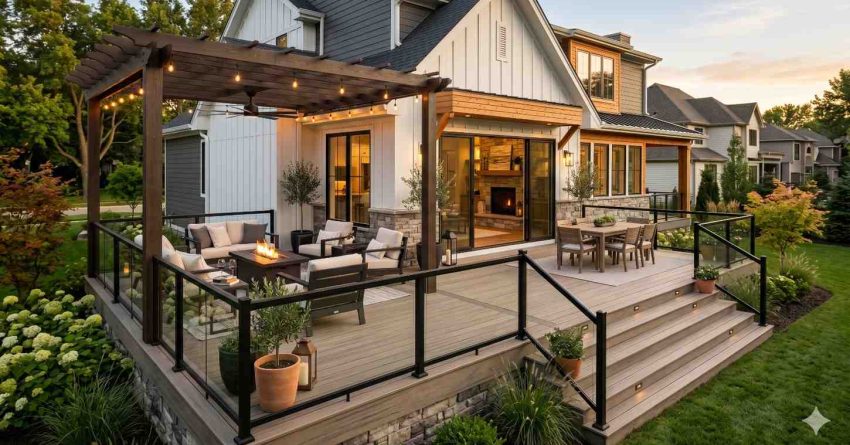 Modern backyard deck with pergola, outdoor lounge seating, dining area, fire table, and glass railing attached to a luxury suburban home. Multi-level patio design features landscaping, built-in lighting, and warm evening ambiance.