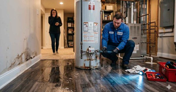 Plumber repairing a leaking water heater in a basement while water spreads across the floor. A concerned homeowner watches nearby as tools, moisture damage, and stained walls highlight an emergency plumbing repair and potential home water damage situation.