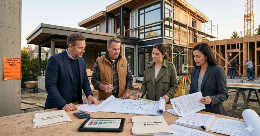Construction professionals and project managers review blueprints and permits at a modern residential building site Contemporary homes under construction rise behind the team while scaffolding, framing, and surveying equipment surround the area Documents, charts, and digital tools cover the table, highlighting collaboration, planning, budgeting, and coordination during an active architectural development project outdoors