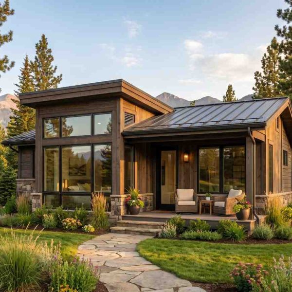 Modern mountain home with a covered front porch, landscaped garden, and stone walkway surrounded by pine trees. Contemporary residential exterior design showcases outdoor living, custom home architecture, curb appeal, sustainable landscaping, and luxury mountain living in a scenic natural setting.