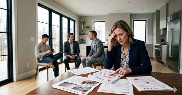Stressed homeowner reviewing financial and contract documents at a kitchen table while three people discuss in the background. Papers marked with warnings and renovation issues suggest concerns about construction costs, loans, or home remodeling disputes in a modern interior.
