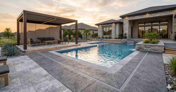 Luxury modern backyard featuring a large rectangular swimming pool surrounded by stone pavers, landscaped planters, and integrated lighting at sunset. Contemporary covered lounge pavilion with outdoor seating overlooks the water beside an elegant stone-clad home. Spacious patio design, clean architectural lines, and resort-style amenities create a sophisticated outdoor entertainment and relaxation space.