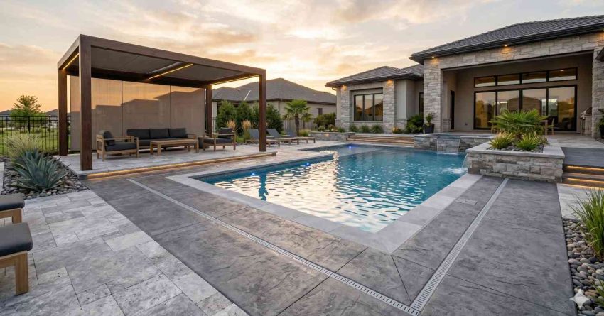 Luxury modern backyard featuring a large rectangular swimming pool surrounded by stone pavers, landscaped planters, and integrated lighting at sunset. Contemporary covered lounge pavilion with outdoor seating overlooks the water beside an elegant stone-clad home. Spacious patio design, clean architectural lines, and resort-style amenities create a sophisticated outdoor entertainment and relaxation space.