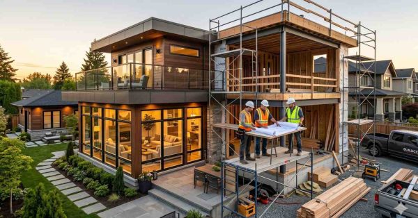 Modern luxury home construction project at sunset featuring partially completed contemporary residence beside finished architectural design. Construction workers review blueprints on scaffolding surrounded by exposed framing, steel supports, lumber, and tools. Completed section showcases expansive windows, outdoor living spaces, landscaped yard, and warm interior lighting, illustrating custom residential build and renovation transformation process.