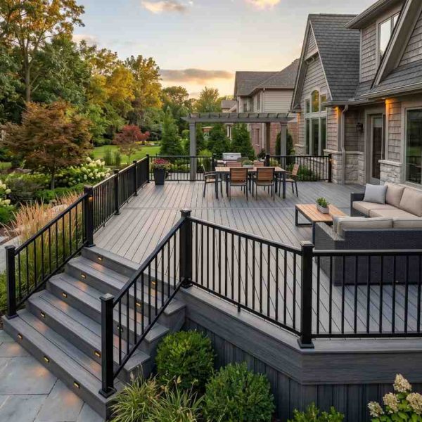 Modern composite deck with black aluminum railings, integrated stair lighting, outdoor dining area, and lounge seating beside a luxury home. Custom backyard deck overlooks landscaped gardens, showcasing premium deck installation, outdoor living design, residential renovation, and elegant entertaining space with low-maintenance decking materials.