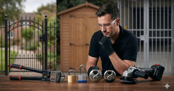 Security professional compares different padlock options and security tools on a table, including standard padlocks, high-security disc locks, bolt cutters, and an angle grinder. Background images show gates, storage units, and secured access points. The image illustrates lock selection, physical security, theft prevention, access control, and security hardware evaluation.