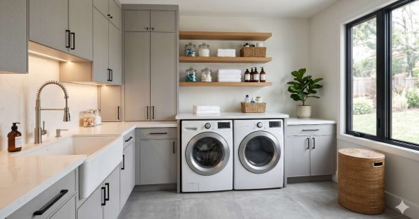Bright modern laundry room featuring gray shaker cabinets, farmhouse sink, quartz countertops, and front-loading washer and dryer units. Open wooden shelving displays neatly folded towels, baskets, and glass storage jars. Large black-framed window provides natural light beside woven laundry hamper, indoor plant, under-cabinet lighting, and minimalist contemporary interior design finishes throughout space.