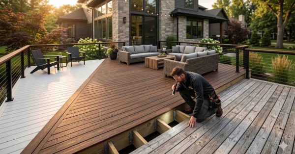 Contractor inspecting and repairing a backyard deck with mixed old and new decking materials. Modern outdoor living area features composite decking, lounge furniture, cable railing, and landscaped surroundings beside a luxury suburban home at sunset.