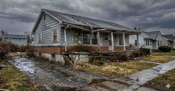 A deteriorating single-story house sits under dark storm clouds with cracked pavement, damaged foundation, peeling siding, and overgrown debris, showing clear signs of neglect and structural decay in a residential neighborhood.