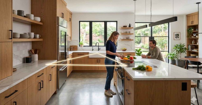 Modern kitchen with natural wood cabinetry, marble countertops, and a large island. A woman prepares vegetables while a man sits nearby, creating a warm open-concept living and dining atmosphere with large windows and natural light.