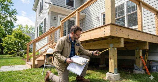 A deck inspector kneels beneath a raised backyard deck, measuring structural components and reviewing construction documents. The wood-framed deck features cable railings, stairs, support posts, and concrete footings. The image highlights deck safety inspections, code compliance, structural assessment, quality control, professional evaluation, and residential outdoor construction standards.