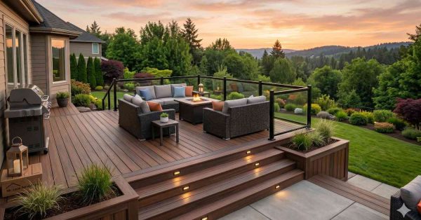 Elevated backyard deck overlooks a lush, landscaped valley at sunset. The outdoor living space features comfortable sectional seating surrounding a fire table, glass railings, integrated stair lighting, decorative planters, and a barbecue grill. Warm evening light enhances the modern deck design, creating a relaxing setting for entertaining and enjoying scenic views.
