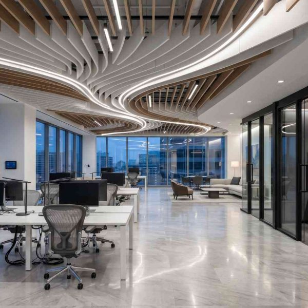 Modern open-plan office interior with ergonomic workstations, glass meeting rooms, floor-to-ceiling windows, and a sculptural ceiling design. Contemporary corporate workspace featuring collaborative areas, premium office architecture, modern lighting, and a professional business environment with city skyline views.