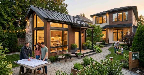 Modern backyard accessory dwelling unit with warm interior lighting, metal roof, and large glass windows beside a contemporary family home. Homeowners and contractor review building plans outdoors while residents enjoy landscaped gardens and patio spaces. Cozy ADU design highlights multigenerational living, compact sustainable housing, modern architecture, and functional residential backyard development at sunset.
