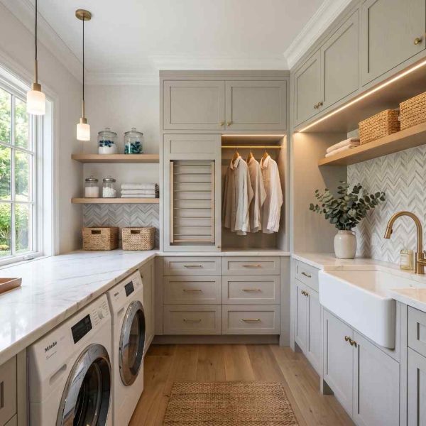 Luxury laundry room renovation with custom cabinetry, farmhouse sink, quartz countertops, built-in drying rack, front-load washer and dryer, and open shelving. Elegant laundry room design featuring premium storage solutions, modern finishes, and functional home remodeling craftsmanship.