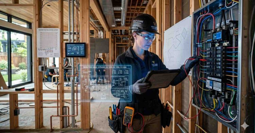 An electrician wearing safety gear inspects a residential electrical panel inside a home under construction. Holding a tablet, the technician reviews wiring diagrams and smart system data while testing circuits in the unfinished interior.