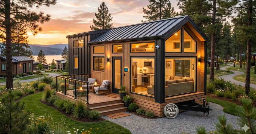 Cozy modern tiny house surrounded by pine trees near a lakeside community at sunset Features large glass windows, warm interior lighting, metal roofing, and a landscaped wooden deck with seating Compact luxury design includes a loft bedroom, stylish kitchen, and inviting outdoor living space blending contemporary comfort with peaceful natural surroundings beautifully