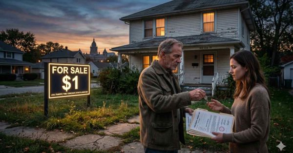 An older man hands keys and documents to a younger woman outside a worn two-story house at dusk. A glowing “For Sale $1” sign stands in the yard, suggesting a symbolic or distressed property transfer in a quiet suburban neighborhood.