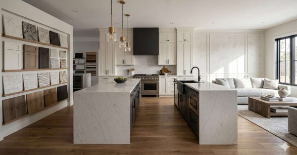 Bright contemporary kitchen and living area featuring dual waterfall-edge marble islands, white shaker cabinetry, black accent island, and warm wood flooring. Display wall showcases countertop, tile, and cabinetry material samples for interior design selection. Open-concept luxury home includes pendant lighting, large windows, neutral furnishings, and sophisticated modern finishes throughout spacious residential interior.