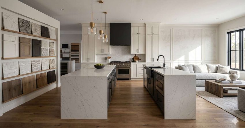 Bright contemporary kitchen and living area featuring dual waterfall-edge marble islands, white shaker cabinetry, black accent island, and warm wood flooring. Display wall showcases countertop, tile, and cabinetry material samples for interior design selection. Open-concept luxury home includes pendant lighting, large windows, neutral furnishings, and sophisticated modern finishes throughout spacious residential interior.