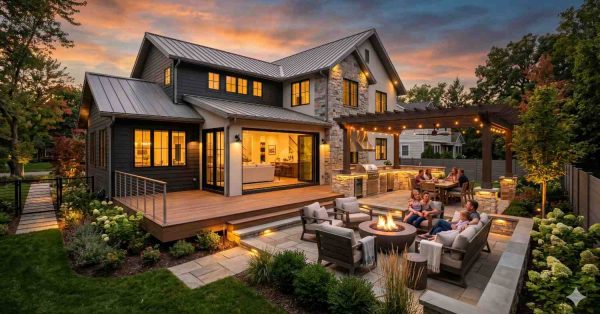 Luxury modern farmhouse exterior at sunset featuring landscaped backyard patio with fire pit seating, outdoor kitchen, pergola dining area, and warm architectural lighting. Contemporary two-story home includes metal roofing, stone accents, expansive windows, and wooden deck. Families gather outdoors enjoying entertainment spaces surrounded by lush gardens and professionally designed residential hardscaping.
