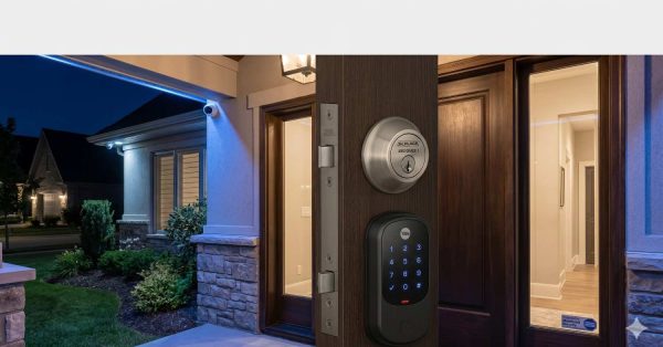 Close-up view of a modern smart lock with illuminated keypad installed on a contemporary front door at night. Exterior security cameras, motion lighting, and landscaped entryway emphasize home security technology. Warm interior lighting contrasts with the evening setting, showcasing keyless entry, residential safety systems, and sleek modern exterior architectural design features.