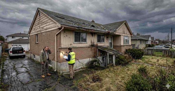 Inspector evaluating a neglected house with damaged roofing, cracked pavement, weathered siding, and overgrown landscaping beneath stormy skies. A homeowner stands nearby as notes are taken, illustrating property inspection, structural deterioration, and concerns related to aging home conditions and maintenance issues.