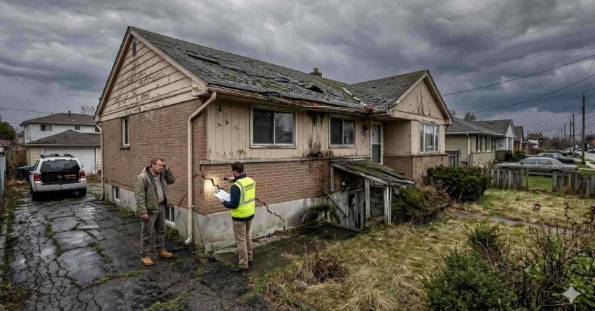 Inspector evaluating a neglected house with damaged roofing, cracked pavement, weathered siding, and overgrown landscaping beneath stormy skies. A homeowner stands nearby as notes are taken, illustrating property inspection, structural deterioration, and concerns related to aging home conditions and maintenance issues.
