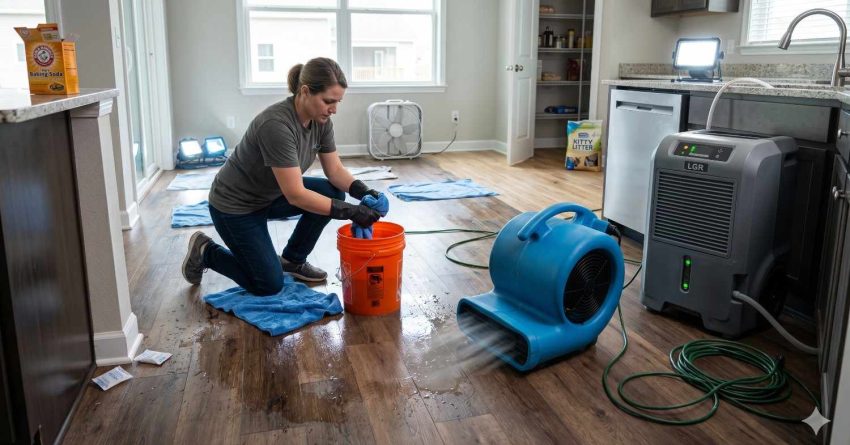 A homeowner cleans water-damaged flooring in a kitchen using towels and buckets while industrial air movers and dehumidifiers dry the room, showing an active residential water damage restoration process.