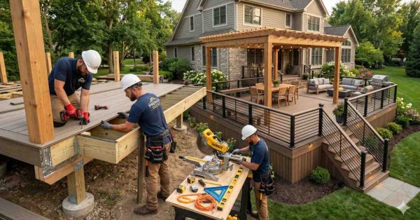 Deck construction crew installs composite decking and pergola structure in a landscaped backyard beside a large residential home. Contractors use power tools, measuring equipment, and framing materials while building elevated outdoor living space. Completed sections feature black aluminum railings, integrated stair lighting, dining area, lounge seating, and premium custom deck craftsmanship.