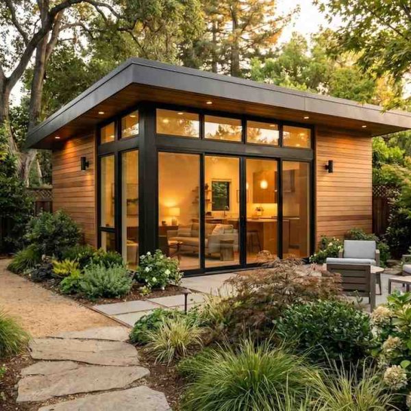 Modern backyard ADU with floor-to-ceiling windows, contemporary architecture, and landscaped outdoor living space. This detached accessory dwelling unit features energy-efficient design, premium finishes, and functional small-home living, ideal for guest housing, rental income, or multigenerational living.