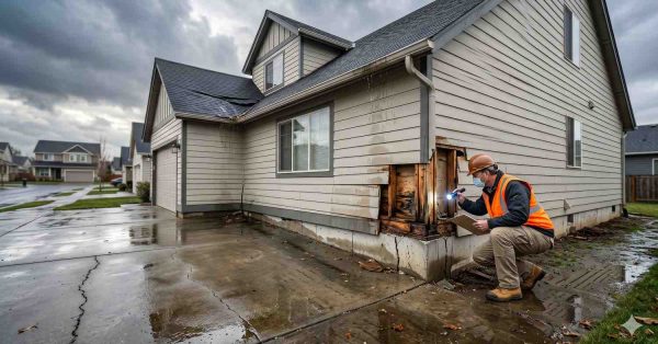 Home inspector examines severe exterior water damage on residential siding after heavy rainstorm. Wet conditions, dark clouds, and exposed wall framing reveal moisture intrusion, rot, and structural deterioration. Technician uses flashlight and clipboard to assess damage, document findings, and recommend repairs, highlighting storm damage inspection, water remediation, and home restoration services.