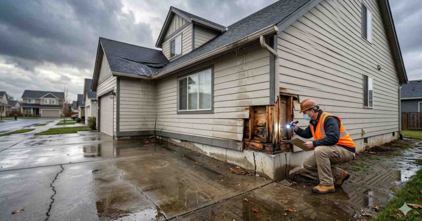 Home inspector examines severe exterior water damage on residential siding after heavy rainstorm. Wet conditions, dark clouds, and exposed wall framing reveal moisture intrusion, rot, and structural deterioration. Technician uses flashlight and clipboard to assess damage, document findings, and recommend repairs, highlighting storm damage inspection, water remediation, and home restoration services.