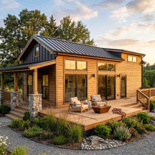 Modern farmhouse with a spacious wood deck, outdoor seating, and fire pit surrounded by landscaped gardens. Custom backyard living space features premium decking, covered porch, and scenic countryside views, showcasing residential outdoor design, deck installation, luxury home architecture, and outdoor entertaining.